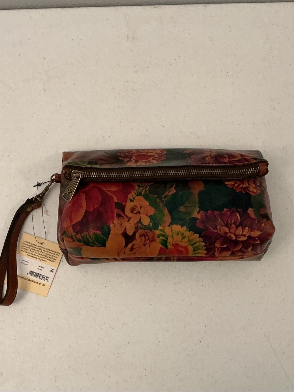 Patricia Nash Floral Leather Wristlet in Multicolor Red, Orange, Green and Brown